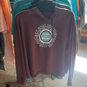 Life Is Good Burgundy Hoodie with Blue Graphic